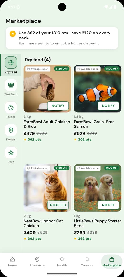 GuavaSure Marketplace where points can be redeemed for pet-care rewards